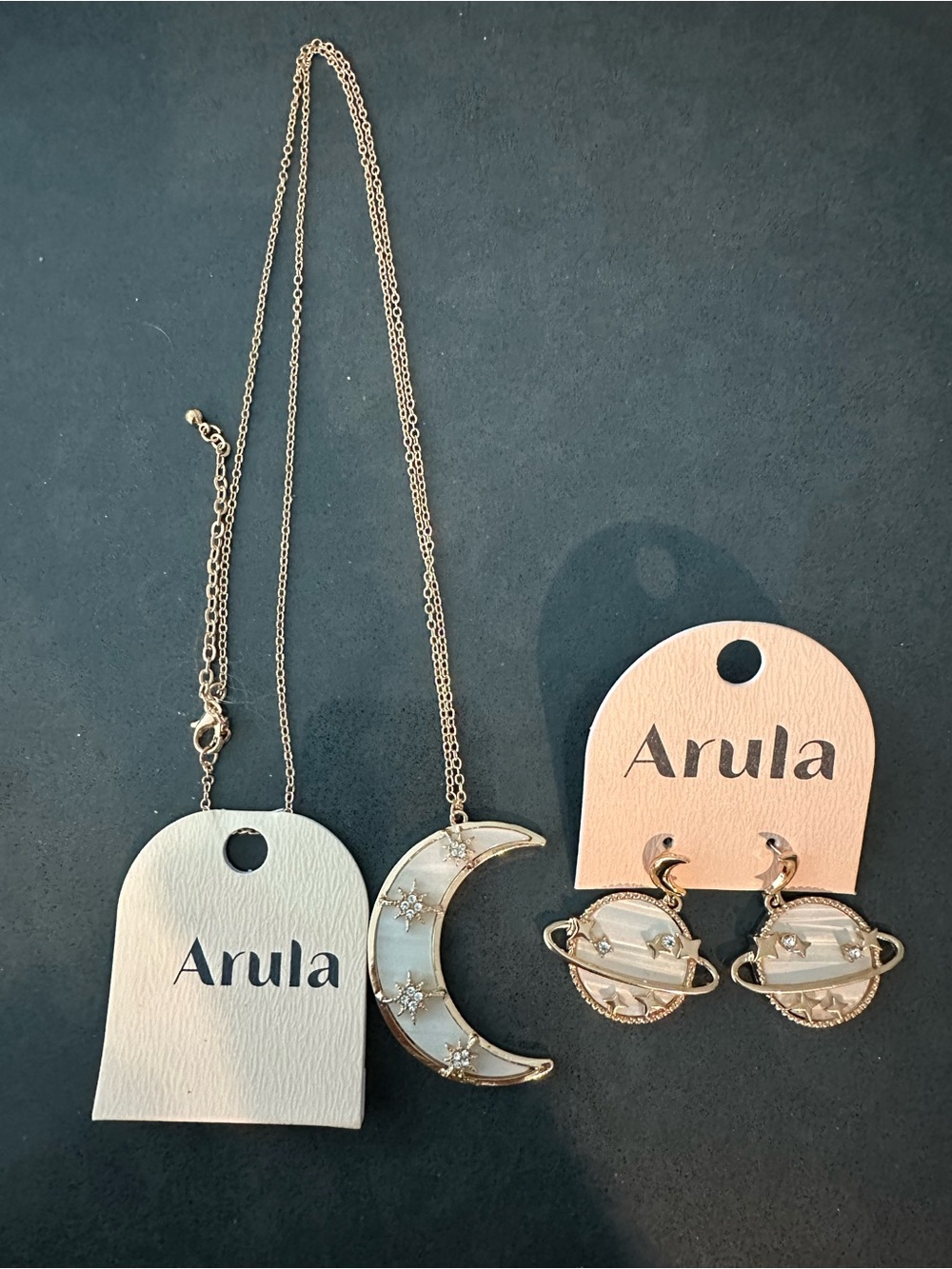 NWT Arula Gold and White Moon Necklace and Planet Earrings